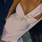 Robe de soirée longue en mousseline de soie, décolleté en cœur, élégante et rose, à fleurs, épaules dénudées, nv5217