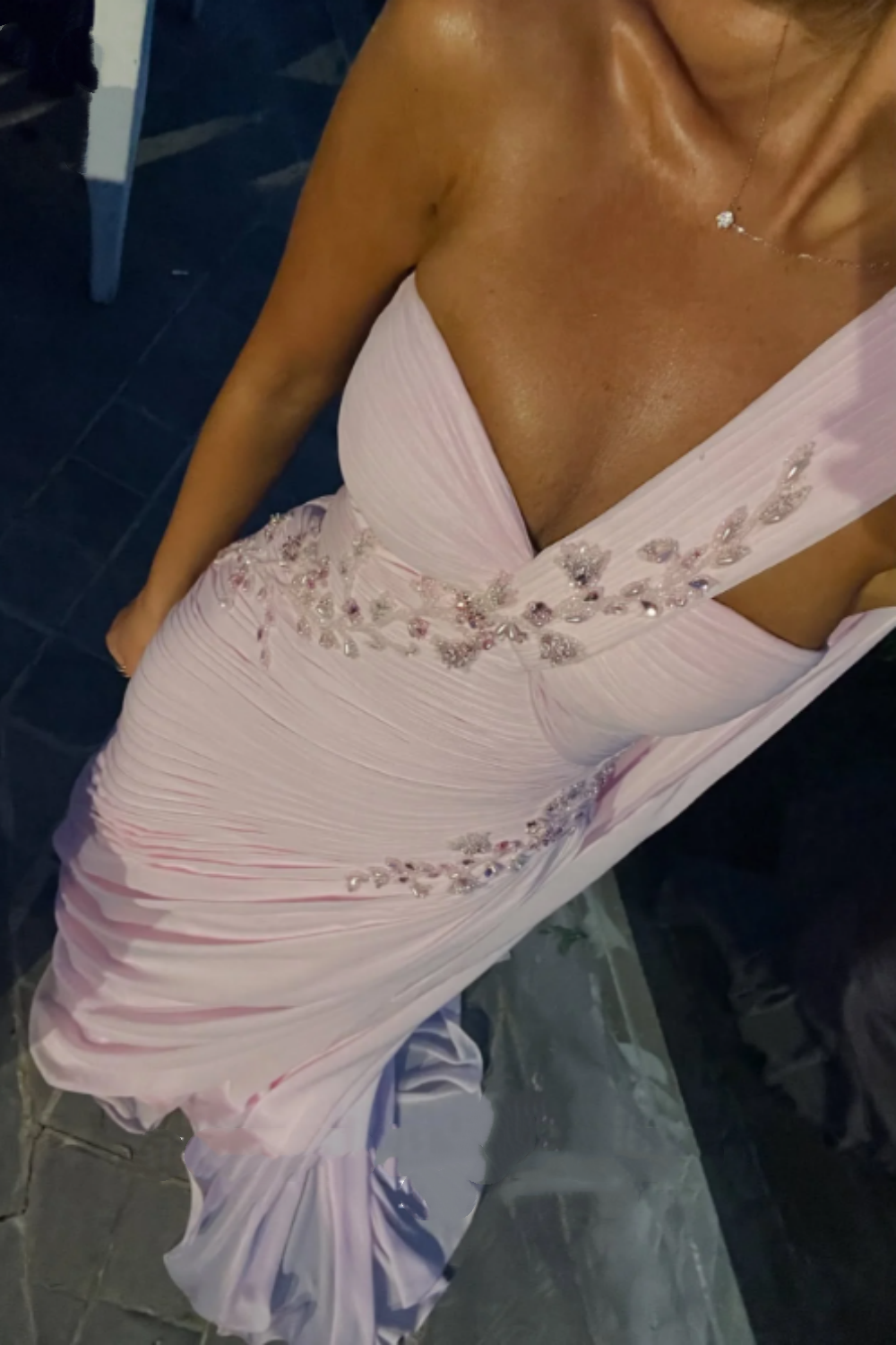Robe de soirée longue en mousseline de soie, décolleté en cœur, élégante et rose, à fleurs, épaules dénudées, nv5217