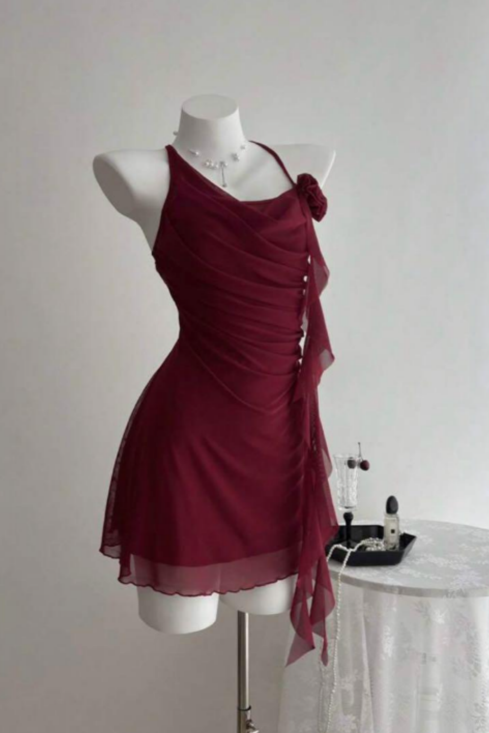Robe de soirée courte bordeaux asymétrique en mousseline de soie, tenue de fête d'anniversaire, nv5277