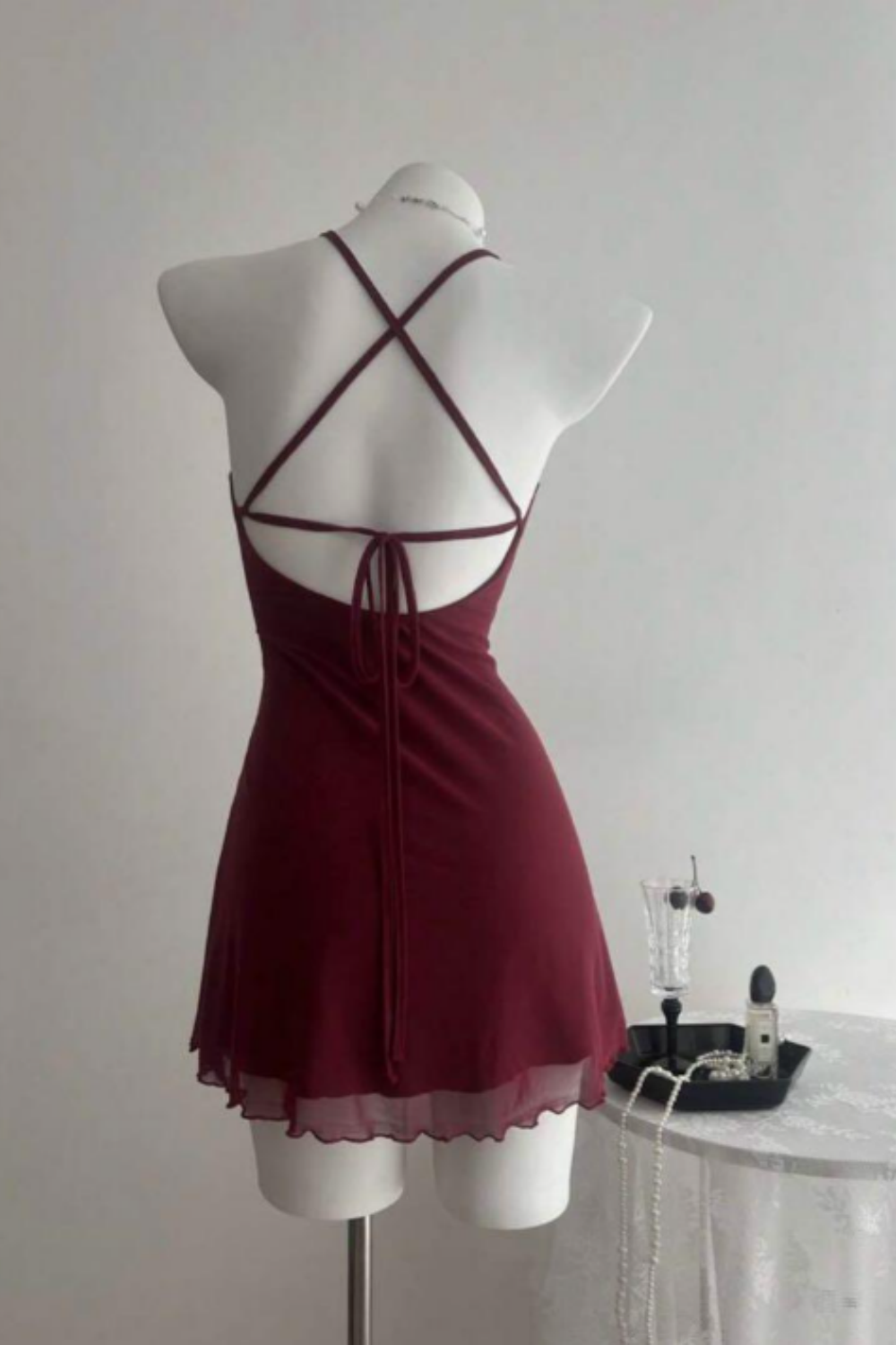 Robe de soirée courte bordeaux asymétrique en mousseline de soie, tenue de fête d'anniversaire, nv5277