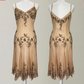 Cremebraunes, zart perlenbesetztes, mittellanges Chiffon-Ballkleid NV5353