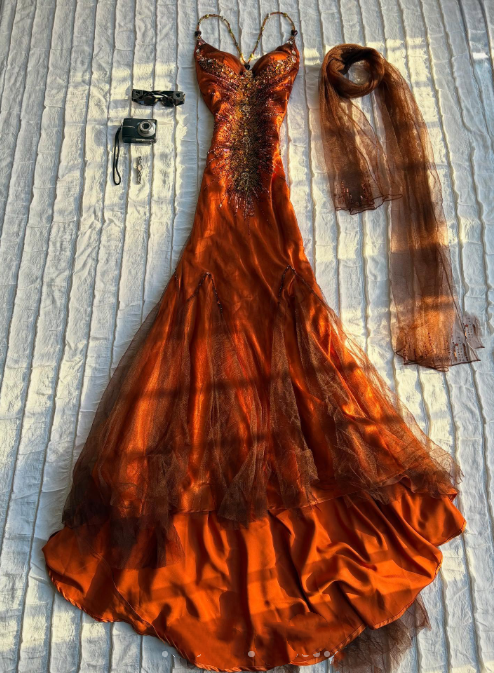 Robe de soirée longue en mousseline de soie orange avec perles exquises, robe de bal nv5399