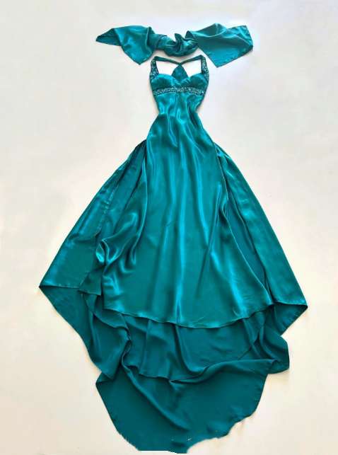 NiceVestidos--(Écharpe incluse) Robe de soirée longue en satin bleu-vert exquise, perlée à la main, longueur au sol, robe de bal, robe de banquet Nv5578