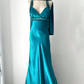 NiceVestidos--(Écharpe incluse) Robe de soirée longue en satin bleu-vert exquise, perlée à la main, longueur au sol, robe de bal, robe de banquet Nv5578
