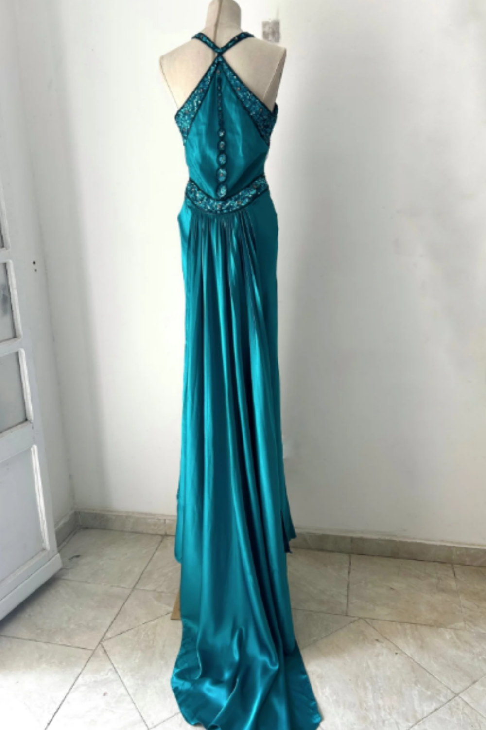 NiceVestidos--(Écharpe incluse) Robe de soirée longue en satin bleu-vert exquise, perlée à la main, longueur au sol, robe de bal, robe de banquet Nv5578
