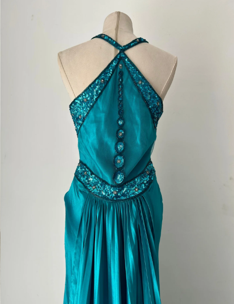 NiceVestidos--(Écharpe incluse) Robe de soirée longue en satin bleu-vert exquise, perlée à la main, longueur au sol, robe de bal, robe de banquet Nv5578