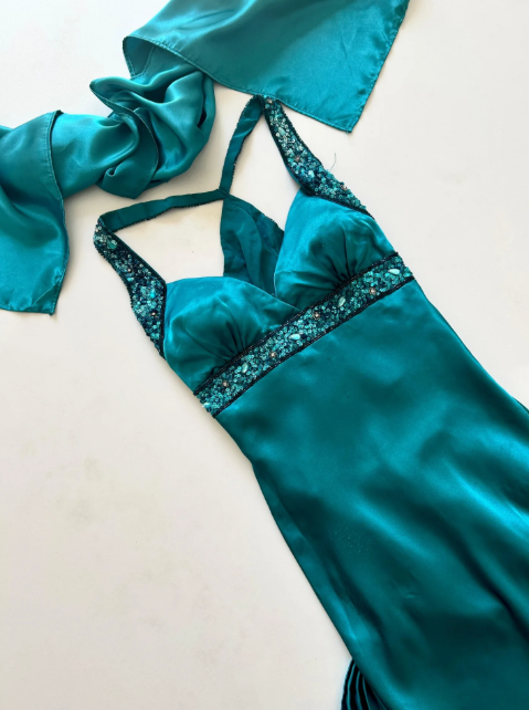 NiceVestidos--(Écharpe incluse) Robe de soirée longue en satin bleu-vert exquise, perlée à la main, longueur au sol, robe de bal, robe de banquet Nv5578