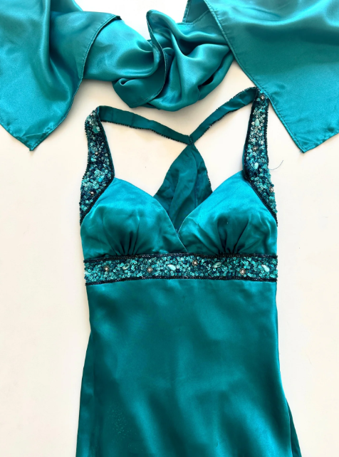 NiceVestidos--(Écharpe incluse) Robe de soirée longue en satin bleu-vert exquise, perlée à la main, longueur au sol, robe de bal, robe de banquet Nv5578