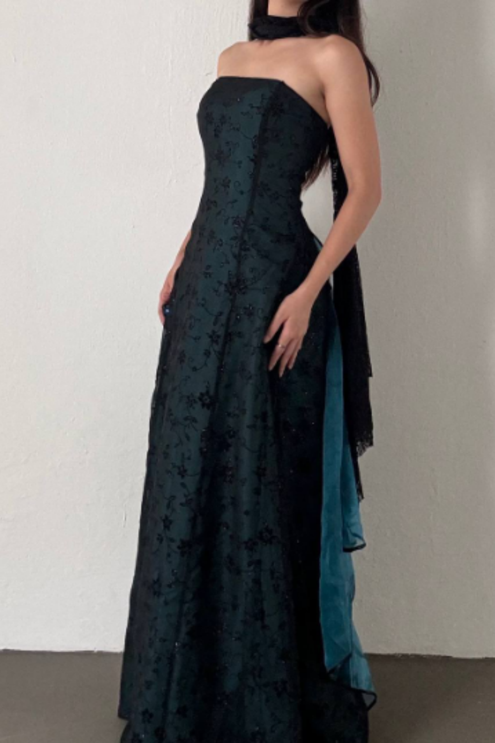 NiceVestidos - Dunkelgrünes Vintage-Ballkleid mit exquisitem Blumenmuster und langem Chiffon, Heimkehrkleid, Feenkleid, Nv5587