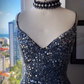 NiceVestidos - Marineblaues, exquisites, perlenbesetztes, langes Chiffon-Ballkleid Nv5628