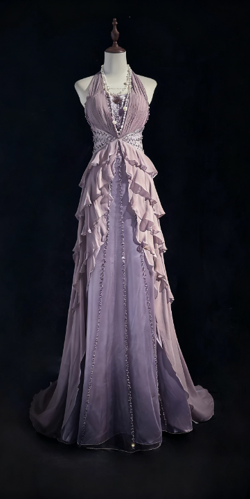 NiceVestidos - Robe de cérémonie longue en mousseline brodée, col licou, motif étoile lavande, perles cloutées, volants, NV5812