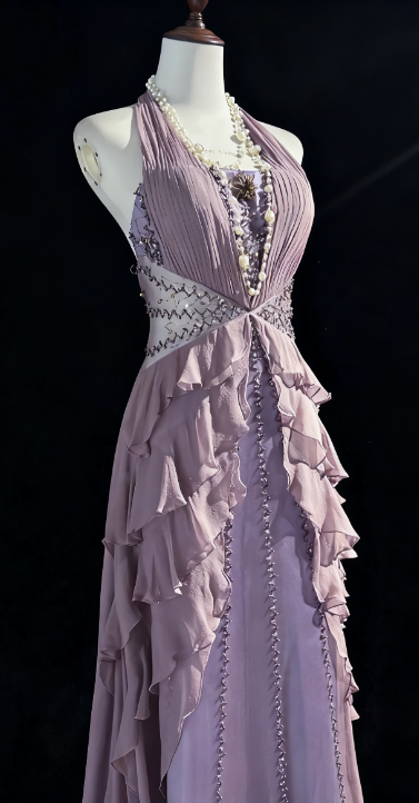NiceVestidos - Robe de cérémonie longue en mousseline brodée, col licou, motif étoile lavande, perles cloutées, volants, NV5812
