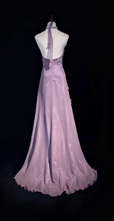 NiceVestidos - Robe de cérémonie longue en mousseline brodée, col licou, motif étoile lavande, perles cloutées, volants, NV5812
