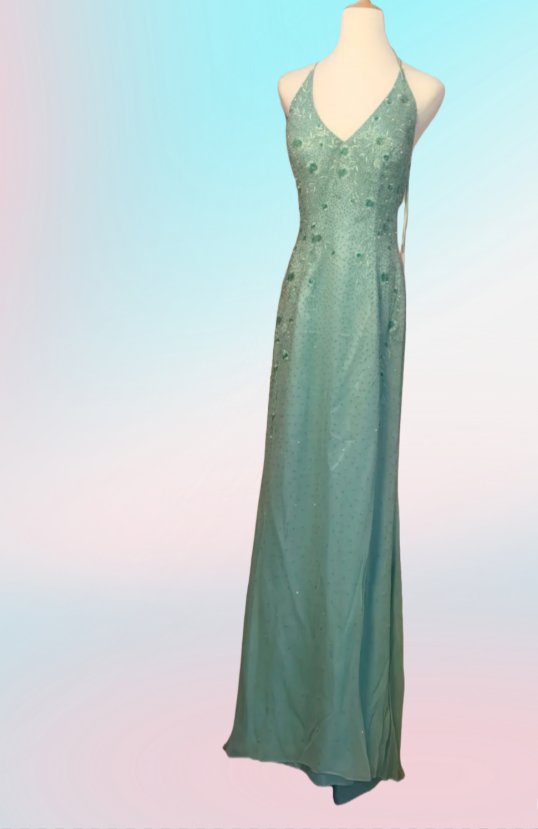 NiceVestidos – Hellmoosgrünes, besticktes Organza-Neckholder-Kleid, ärmellos, bodenlang, Bankettkleid NV5825
