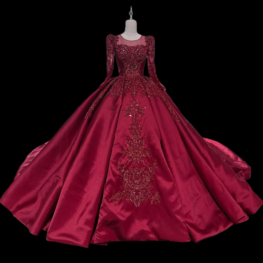 NiceVestidos – Rotes, luxuriöses, exquisites, perlenbesetztes, langes Ballkleid aus Tüll und Satin, NV5876