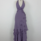 NiceVestidos – Vintage Lavendel-Lila 3D-Blumen-Halterkleid mit tiefem V-Ausschnitt, asymmetrischen Rüschen und Rüschen NV5908