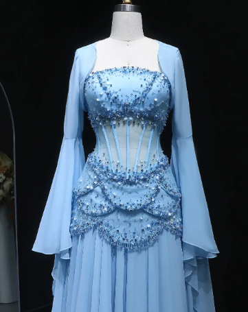 Fairy Luxury Court Style Hellblaues, perlenbesetztes, transparentes Abendkleid mit Schleppe – Hochzeits- und Ballkleid im Ozean-Stil NV6382