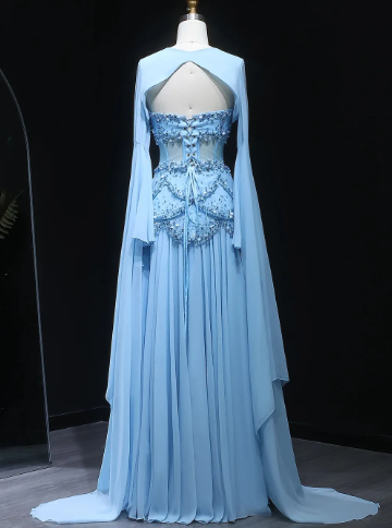 Fairy Luxury Court Style Hellblaues, perlenbesetztes, transparentes Abendkleid mit Schleppe – Hochzeits- und Ballkleid im Ozean-Stil NV6382