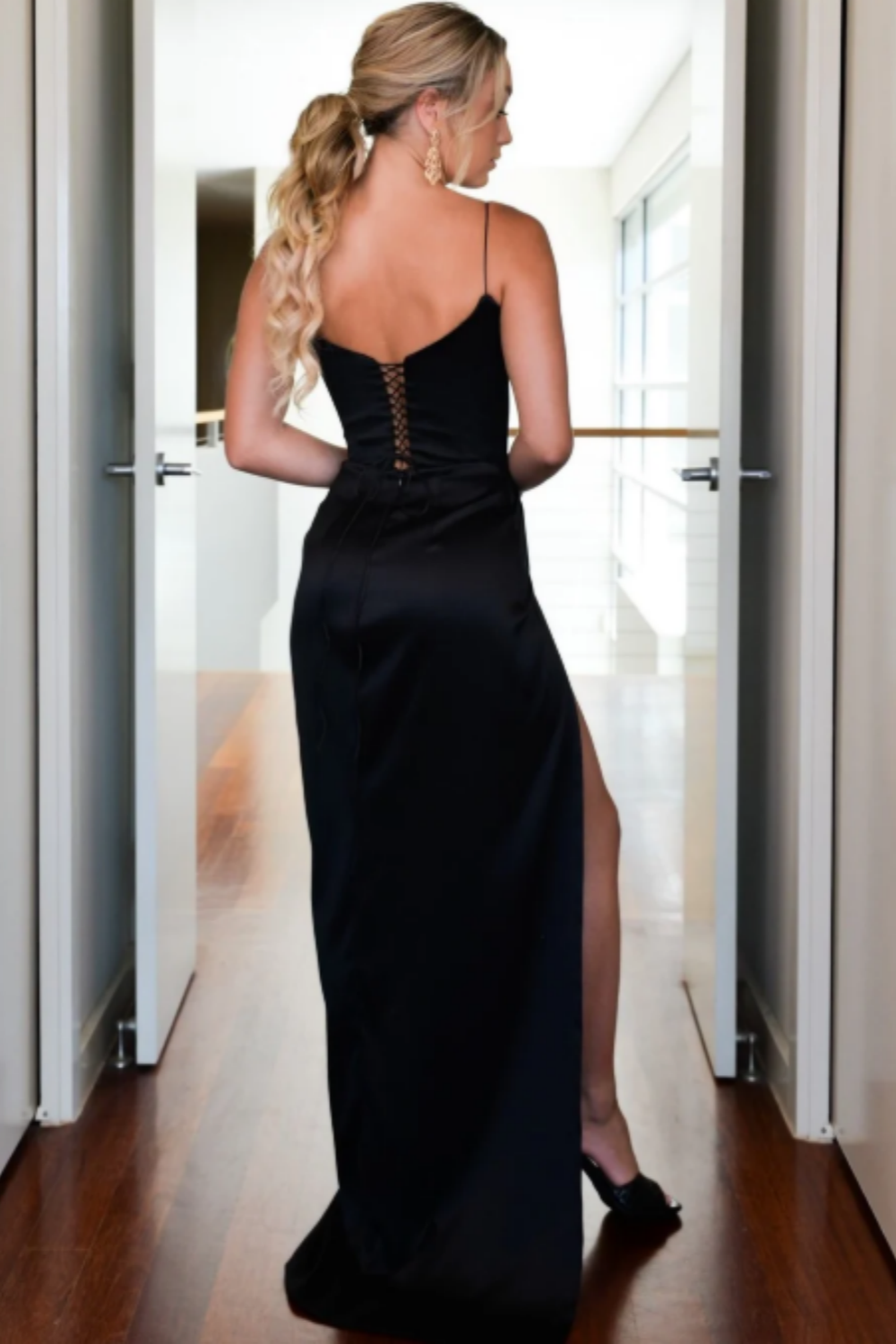 Green/Black New Style Fashion Spaghetti Straps Long Slit Sexy Satin Prom Dress Evening Dress Formal Dress NV85