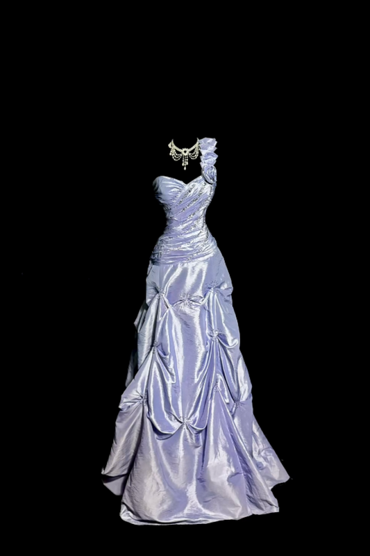 Lila, exquisites, langes, elegantes, perlenbesetztes, retro-inspiriertes Satinkleid NV6612