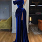 Robe de soirée longue bleue asymétrique avec fente nv1