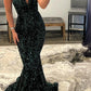 Robe de soirée longue à paillettes vert foncé avec col en V et robe de soirée sirène nv2010