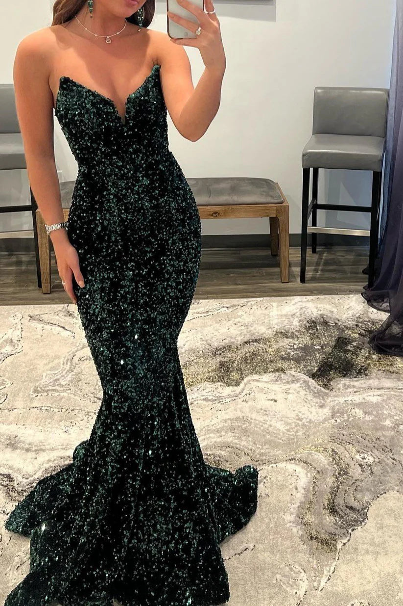 Robe de soirée longue à paillettes vert foncé avec col en V et robe de soirée sirène nv2010