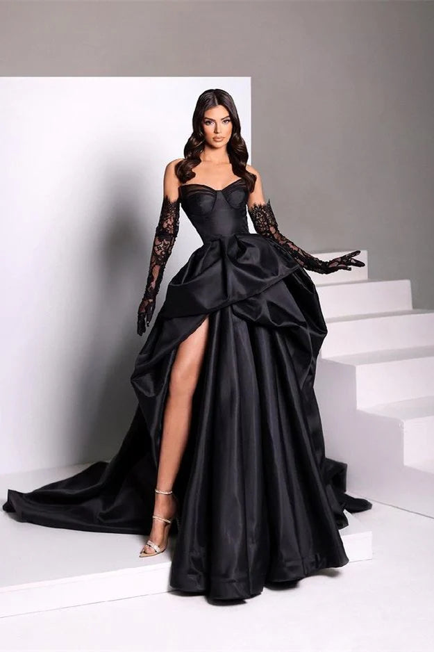 Robe de soirée fendue en taffetas noir avec décolleté en cœur nv2008