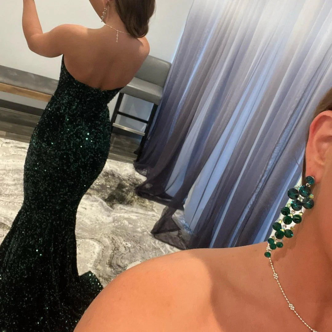 Robe de soirée longue à paillettes vert foncé avec col en V et robe de soirée sirène nv2010