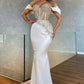 White shiny gorgeous exquisite beaded off-shoulder mermaid slim evening dress long prom dress party dress nv851