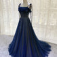 Dunkelblaues langes Ballkleid-Abendkleid aus Tüll mit Pailletten, NV1912