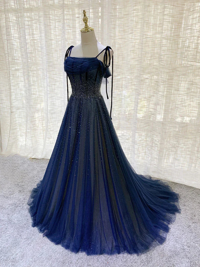 Dunkelblaues langes Ballkleid-Abendkleid aus Tüll mit Pailletten, NV1912