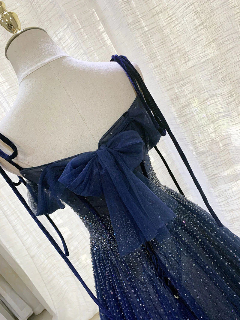Dunkelblaues langes Ballkleid-Abendkleid aus Tüll mit Pailletten, NV1912