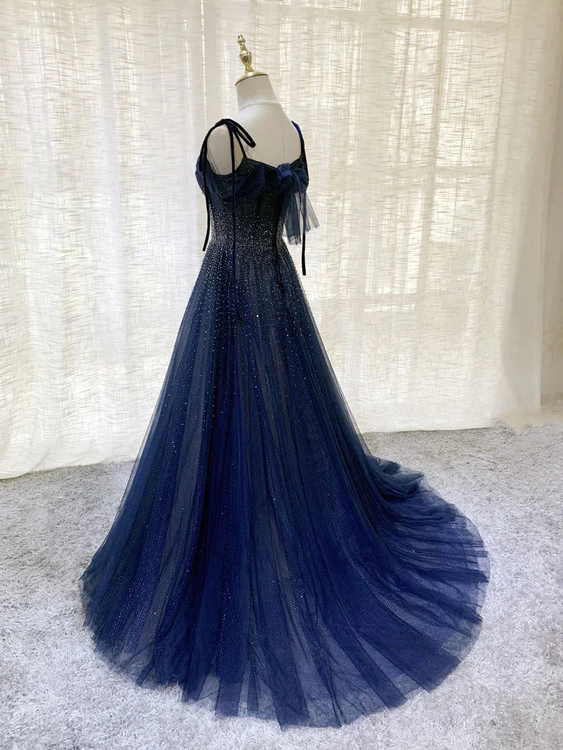 Dunkelblaues langes Ballkleid-Abendkleid aus Tüll mit Pailletten, NV1912
