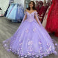 Robe de Quinceanera violet clair avec cape et appliques florales 3D nv1007