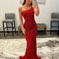 Rotes, mit Pailletten besetztes Meerjungfrau-Abendkleid mit einer Schulter, NV2009