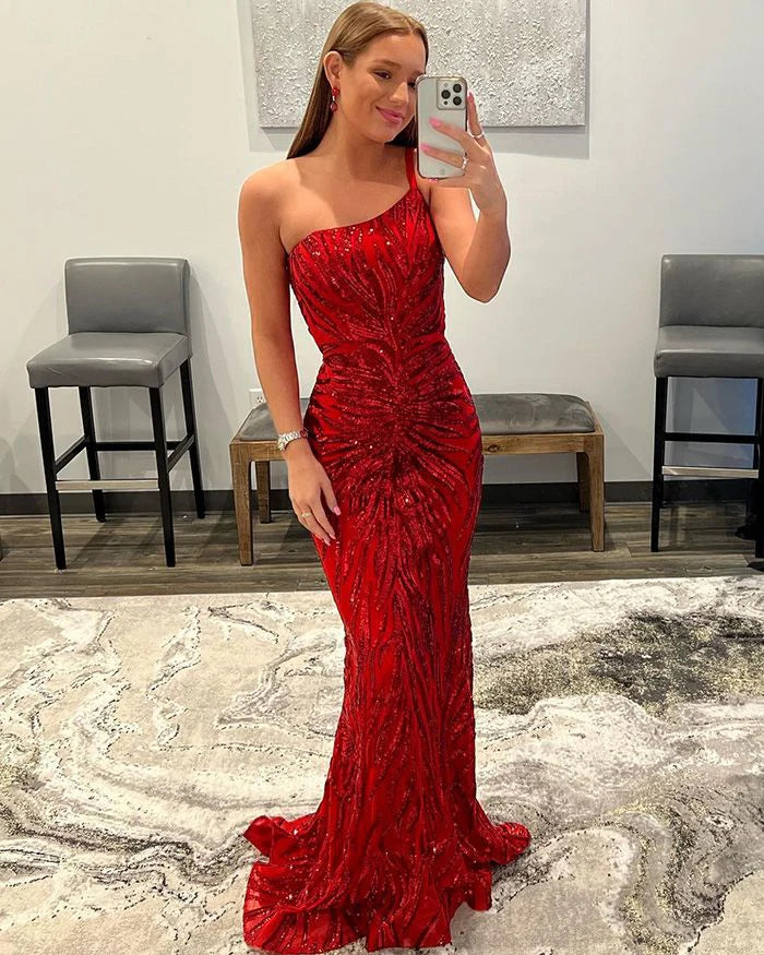 Rotes, mit Pailletten besetztes Meerjungfrau-Abendkleid mit einer Schulter, NV2009