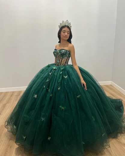 Süßes langes Ballkleid aus grünem Tüll für 16-Jährige, NV1125