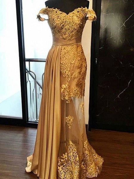 Sheath Sleeveless Off-the-Shoulder Applique Elastic Woven Satin Prom Dresses nv1116