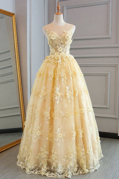Gelbes langes A-Linien-Ballkleid aus Spitze mit ärmellosen Applikationen nv1118