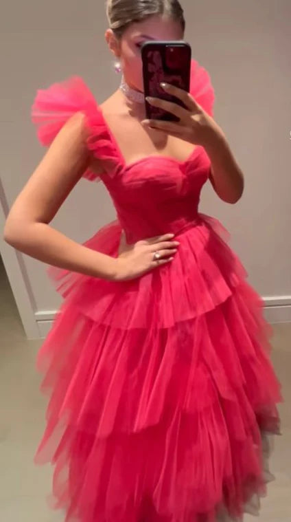 Pink A-line Long Ball Gown Fashion Dress Princess Layered Tulle Sleeveless Evening Gown Formal Dress Party Dress nv2564