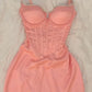 Robe de soirée courte moulante sexy rose à col en V et corset nv2768