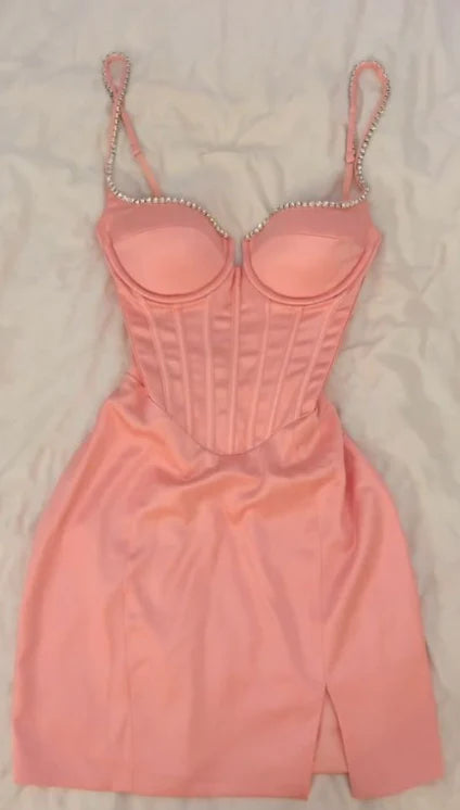 Robe de soirée courte moulante sexy rose à col en V et corset nv2768