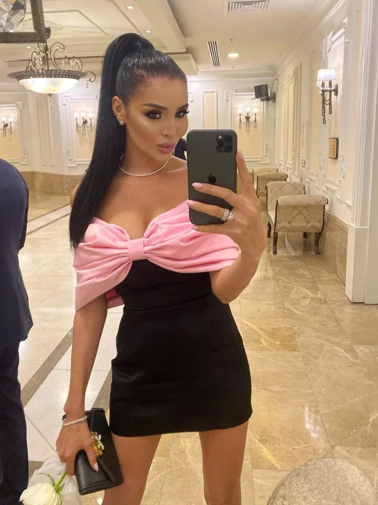 Robe moulante sexy à gros nœud, épaules dénudées, mini, élégante, noire, avec bretelles, nœud rose, robe de soirée, robe d'anniversaire, robe de bal, nv2109