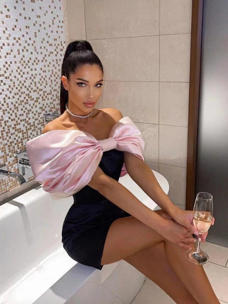 Robe moulante sexy à gros nœud, épaules dénudées, mini, élégante, noire, avec bretelles, nœud rose, robe de soirée, robe d'anniversaire, robe de bal, nv2109