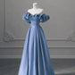 Einzigartiges blaues schlichtes A-Linien-Satin-Off-Shoulder-Abendkleid mit langen Ärmeln Partykleid Ballkleid nv2051