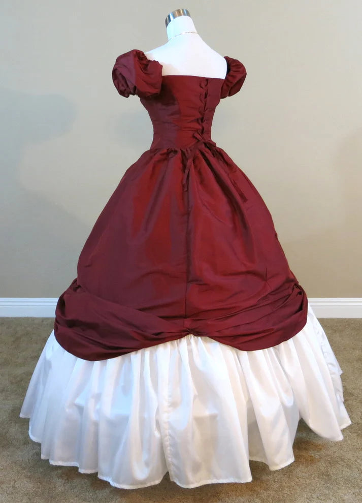 Robe de soirée princesse en satin bordeaux à manches courtes et coupe trapèze nv1905