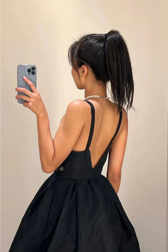 Robe de soirée courte en satin à col en V et dos nu, robe de remise de diplôme, robe d'anniversaire, nv2147