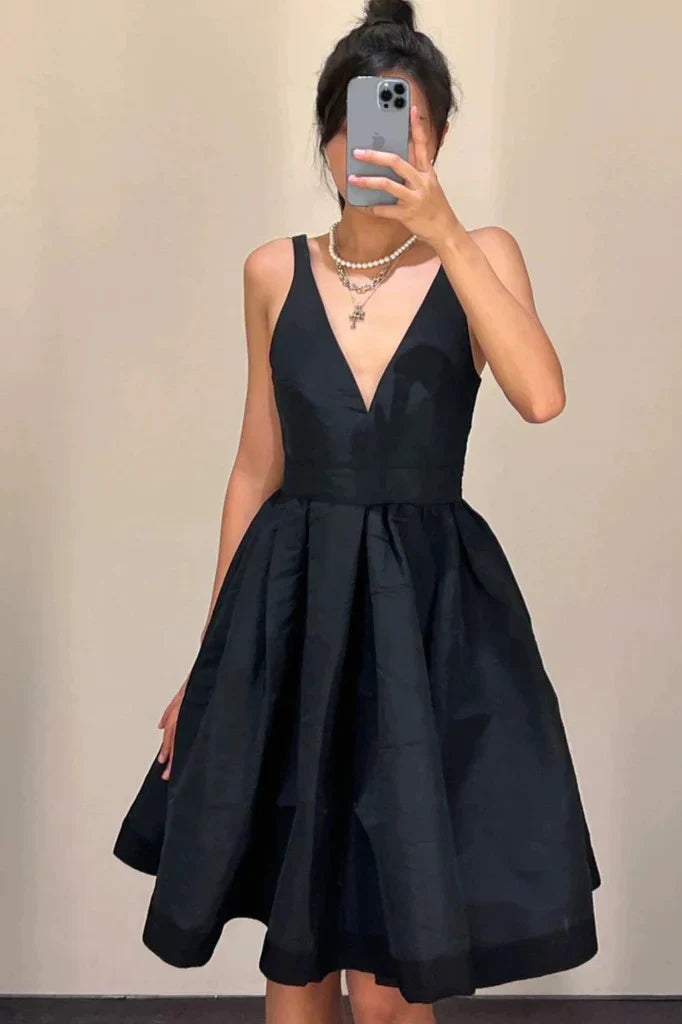 Robe de soirée courte en satin à col en V et dos nu, robe de remise de diplôme, robe d'anniversaire, nv2147