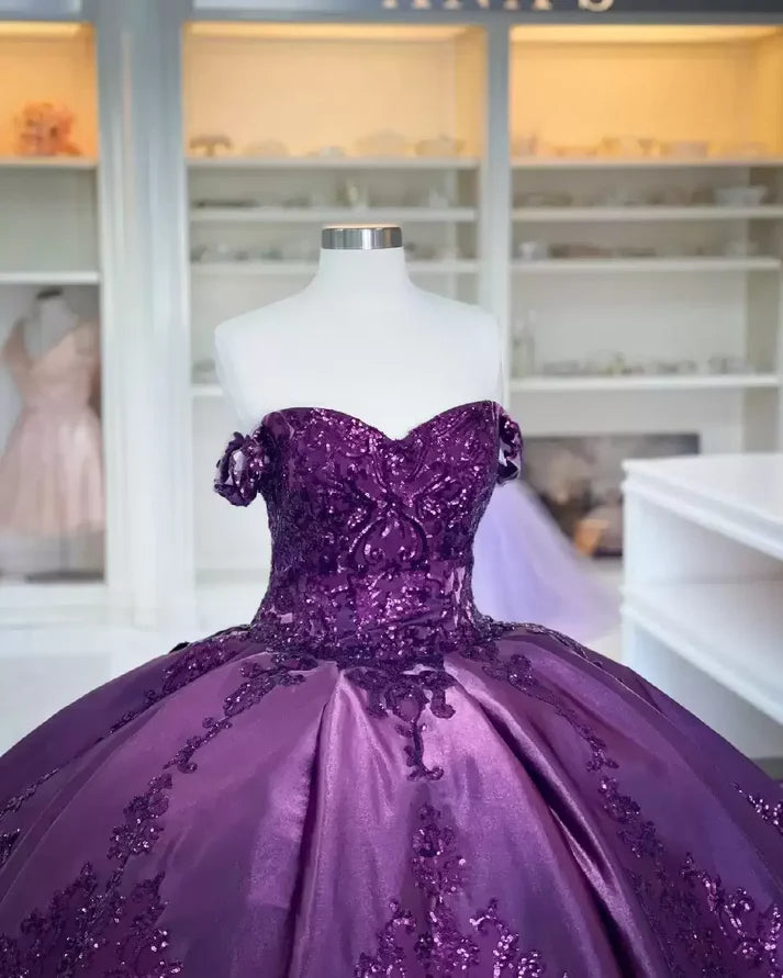 Robe de Quinceanera violet foncé avec appliques à paillettes brillantes et épaules dénudées, robe de soirée nv2020
